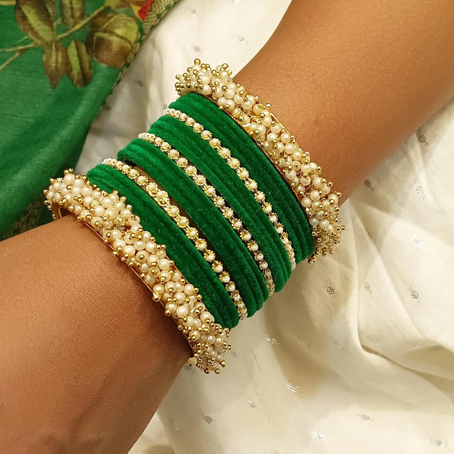 Efulgenz Velvet Bangles For Women Indian Jewelry Faux Pearl Bangles Bracelet Velvet Bangles Wedding Bridal Indian Jewelry Sets For Women