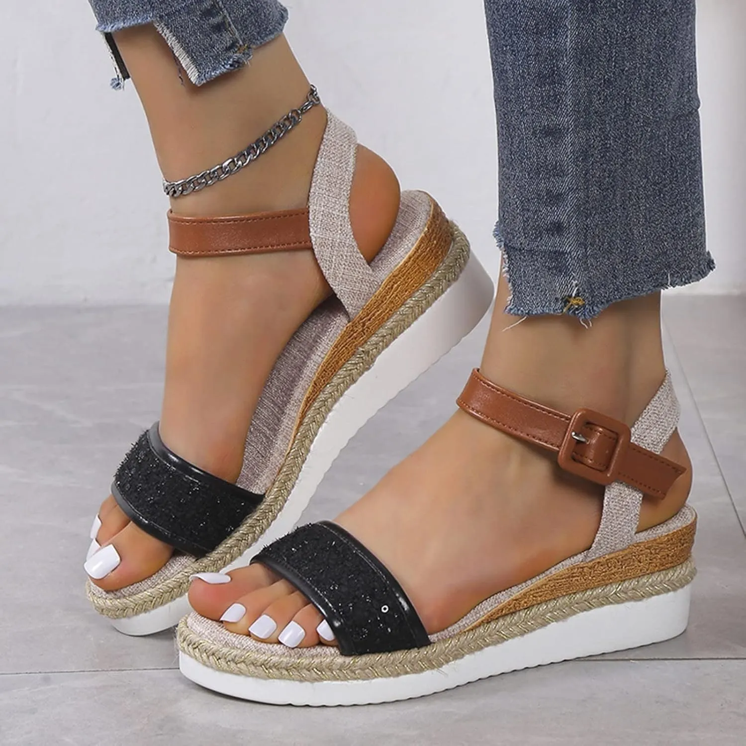 Espadrilles Wedges for Women Orthopedic Sandals Open Toe Single Bands Sandals with Buckle Ankle Strap, Summer Women Comfortable Slip on Espadrilles Beach Walking Shoes