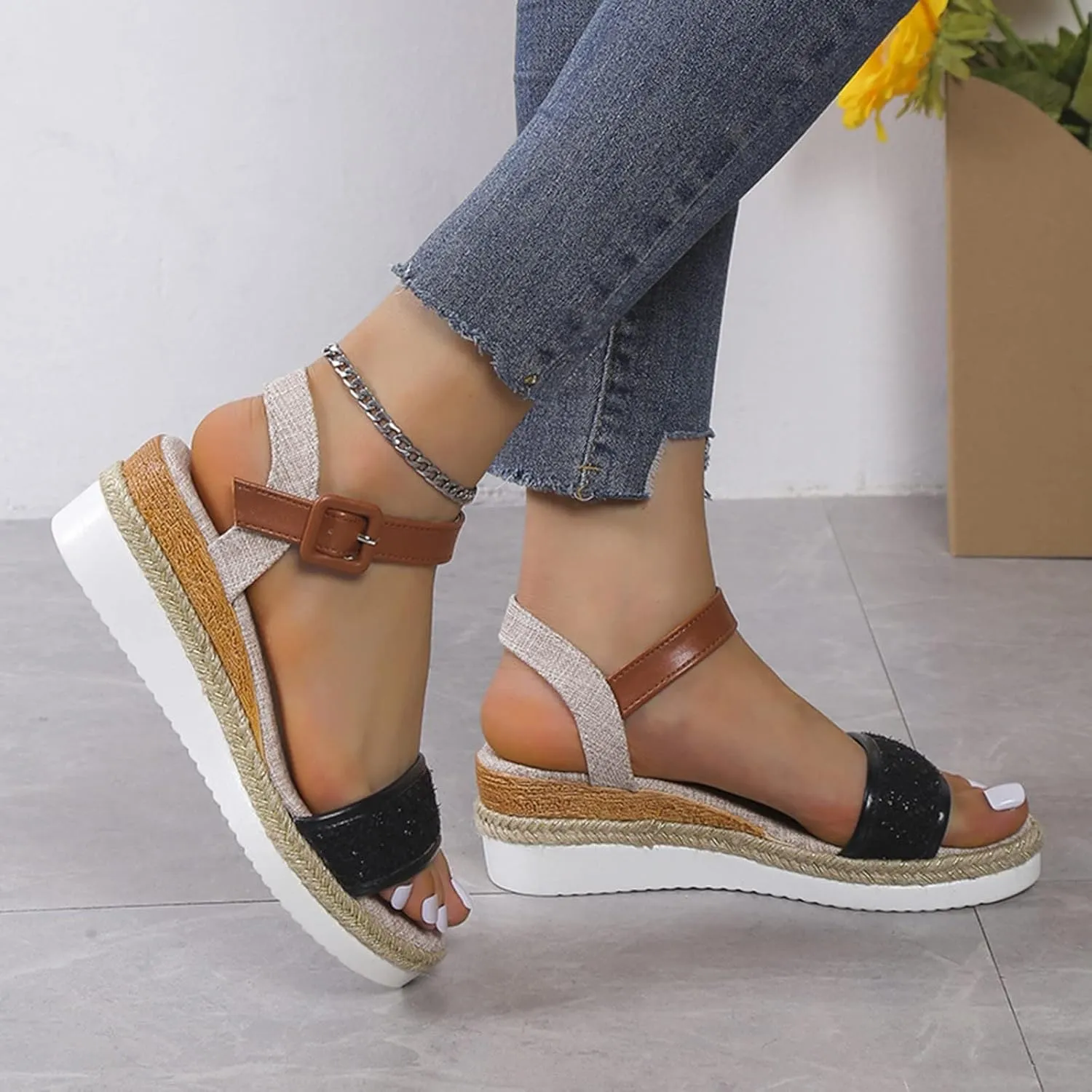 Espadrilles Wedges for Women Orthopedic Sandals Open Toe Single Bands Sandals with Buckle Ankle Strap, Summer Women Comfortable Slip on Espadrilles Beach Walking Shoes