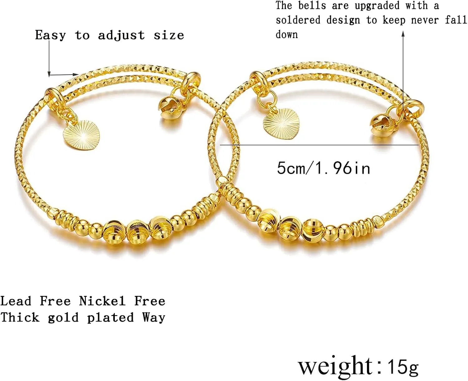 Ethlyn 2Pcs/Lot Kids Jewelry Gold Plated Adjustable Beads Bracelet Bangle Birthday Christmas Gifts for Girls 4years old