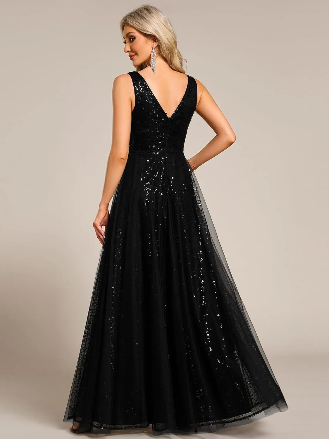 Ever-Pretty Women's V Neck Sleeveless Formal Dresses A Line Sequin Maxi Evening Dresses 02163