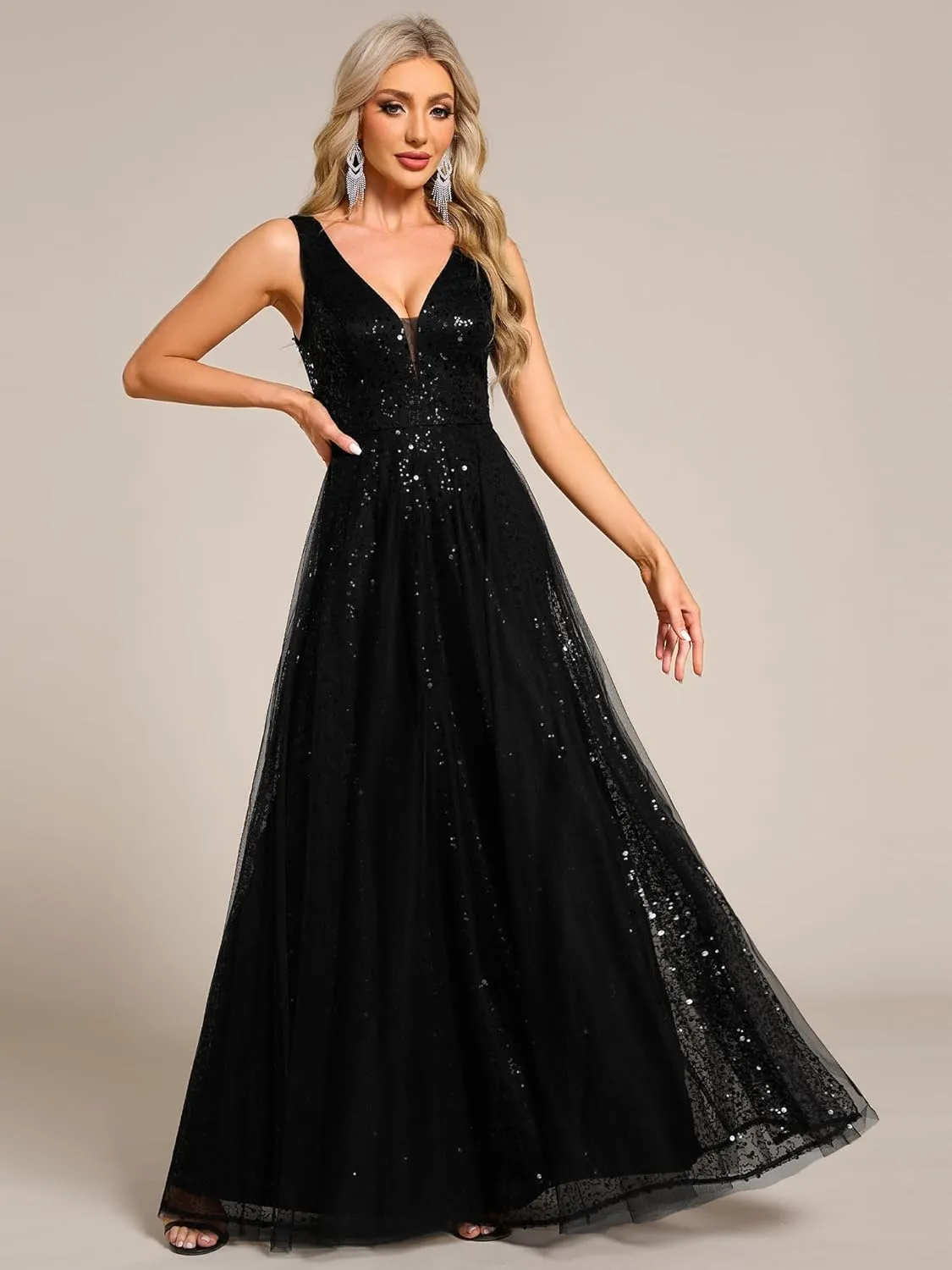 Ever-Pretty Women's V Neck Sleeveless Formal Dresses A Line Sequin Maxi Evening Dresses 02163