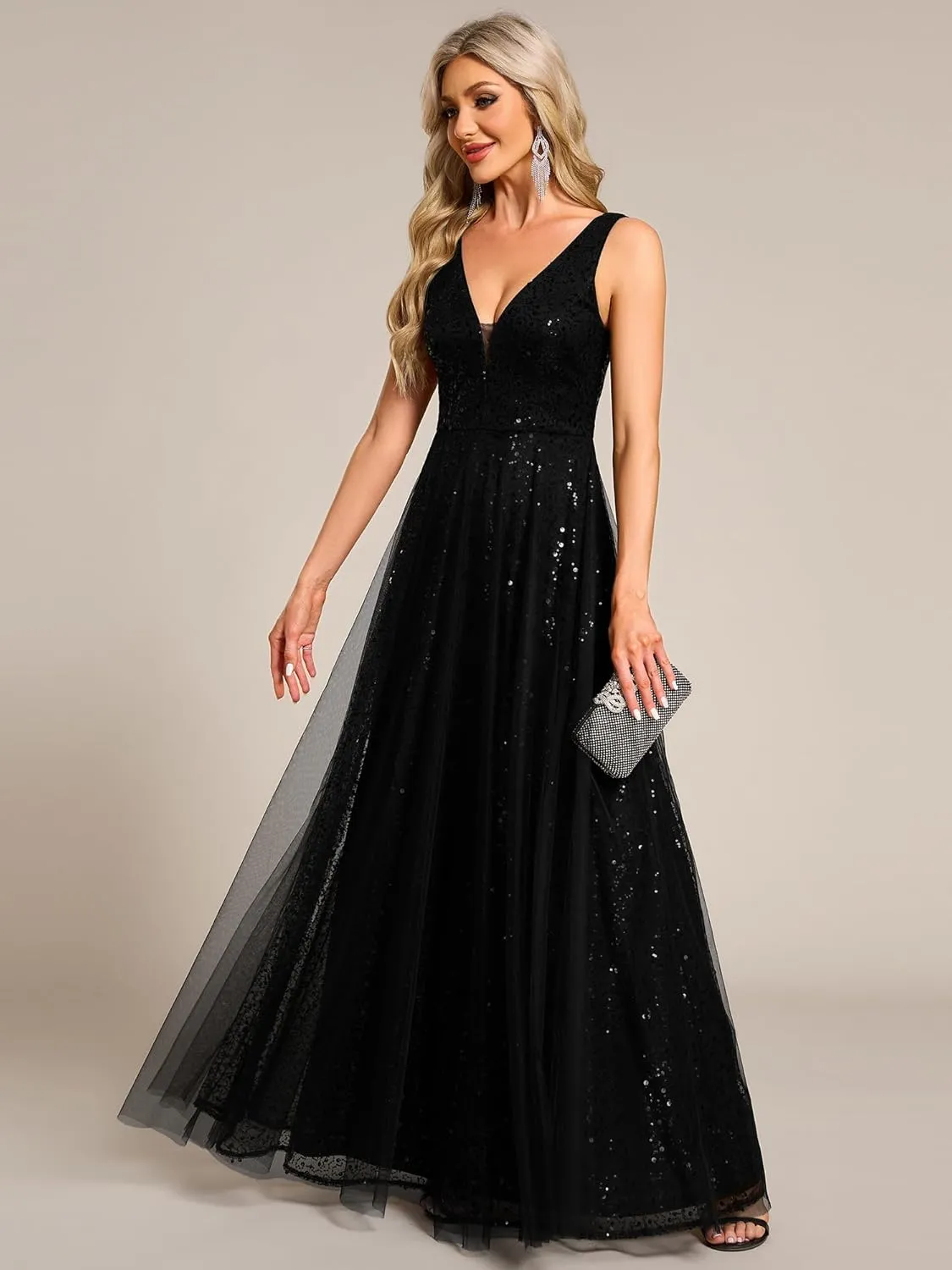 Ever-Pretty Women's V Neck Sleeveless Formal Dresses A Line Sequin Maxi Evening Dresses 02163