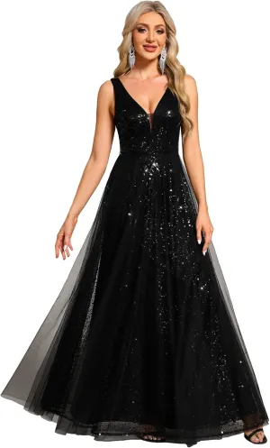 Ever-Pretty Women's V Neck Sleeveless Formal Dresses A Line Sequin Maxi Evening Dresses 02163