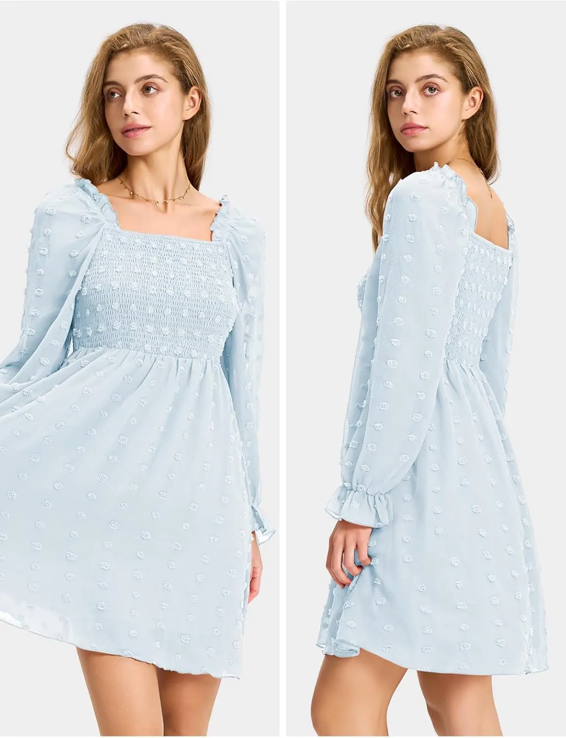 EXLURA Women's 2025 Summer Long Sleeve Party Swiss Dot Dress Smocked Ruffle Cocktail Mini Dresses