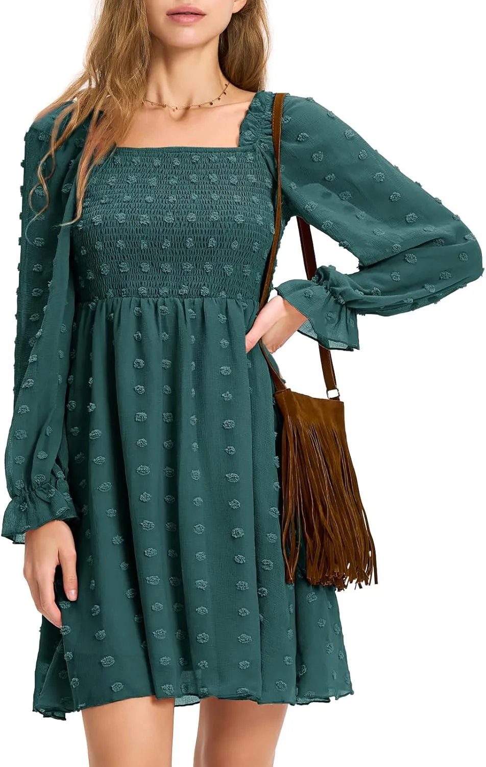 EXLURA Women's 2025 Summer Long Sleeve Party Swiss Dot Dress Smocked Ruffle Cocktail Mini Dresses