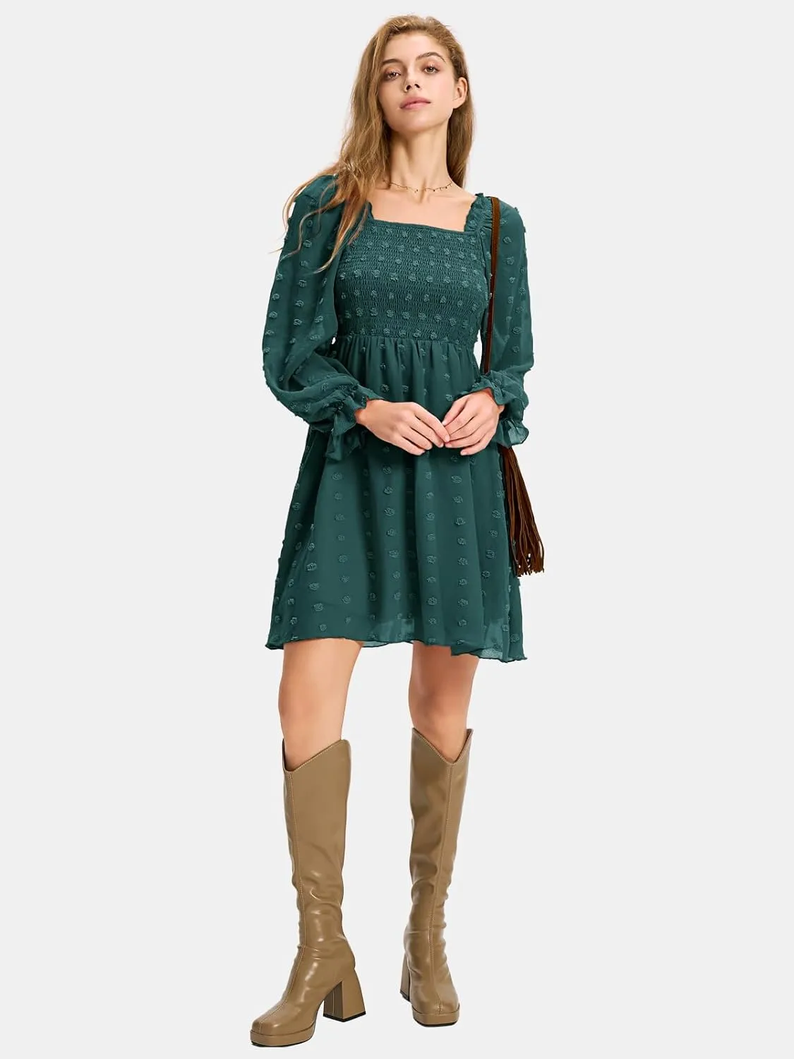 EXLURA Women's 2025 Summer Long Sleeve Party Swiss Dot Dress Smocked Ruffle Cocktail Mini Dresses