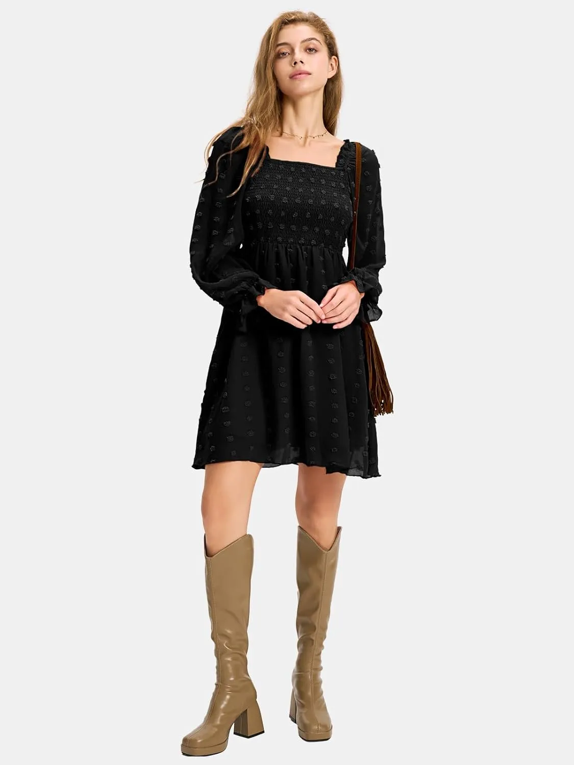 EXLURA Women's 2025 Summer Long Sleeve Party Swiss Dot Dress Smocked Ruffle Cocktail Mini Dresses