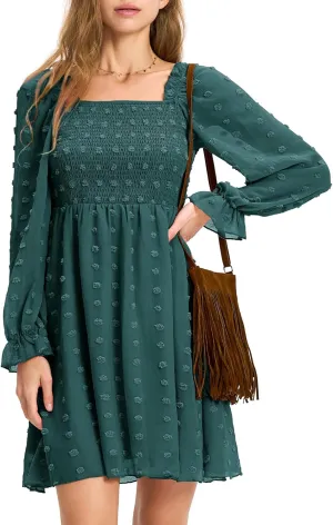 EXLURA Women's 2025 Summer Long Sleeve Party Swiss Dot Dress Smocked Ruffle Cocktail Mini Dresses
