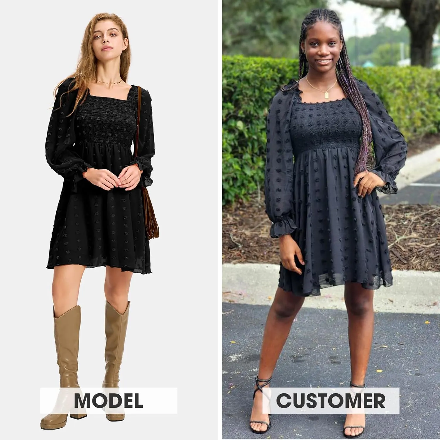 EXLURA Women's 2025 Summer Long Sleeve Party Swiss Dot Dress Smocked Ruffle Cocktail Mini Dresses