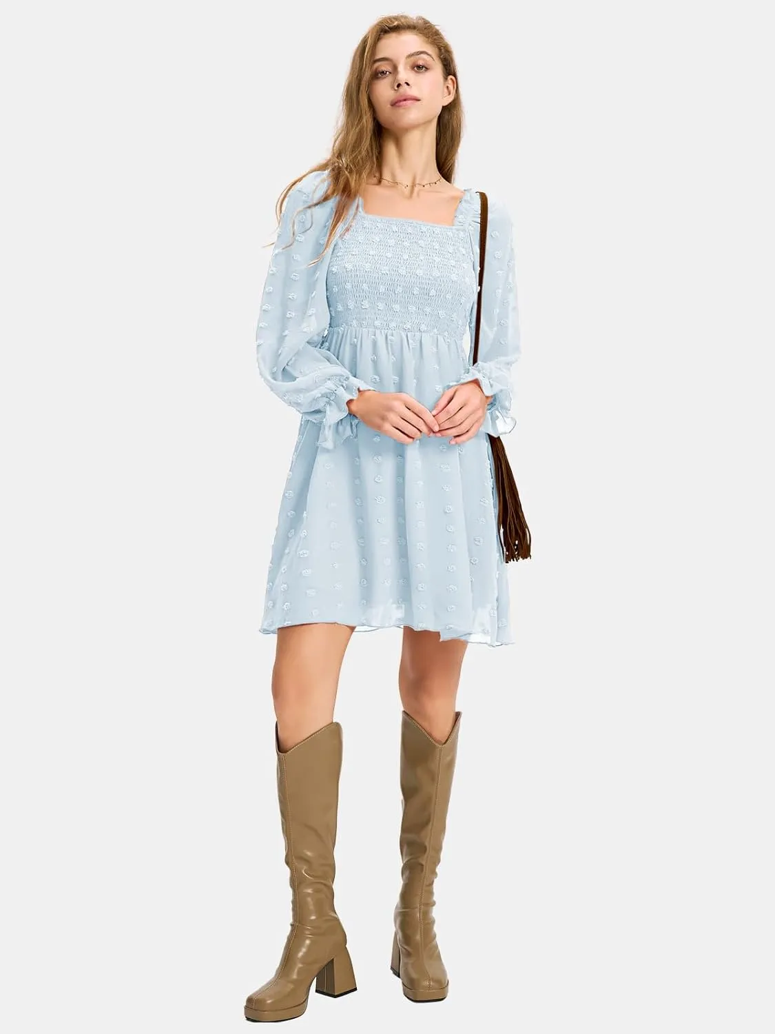 EXLURA Women's 2025 Summer Long Sleeve Party Swiss Dot Dress Smocked Ruffle Cocktail Mini Dresses