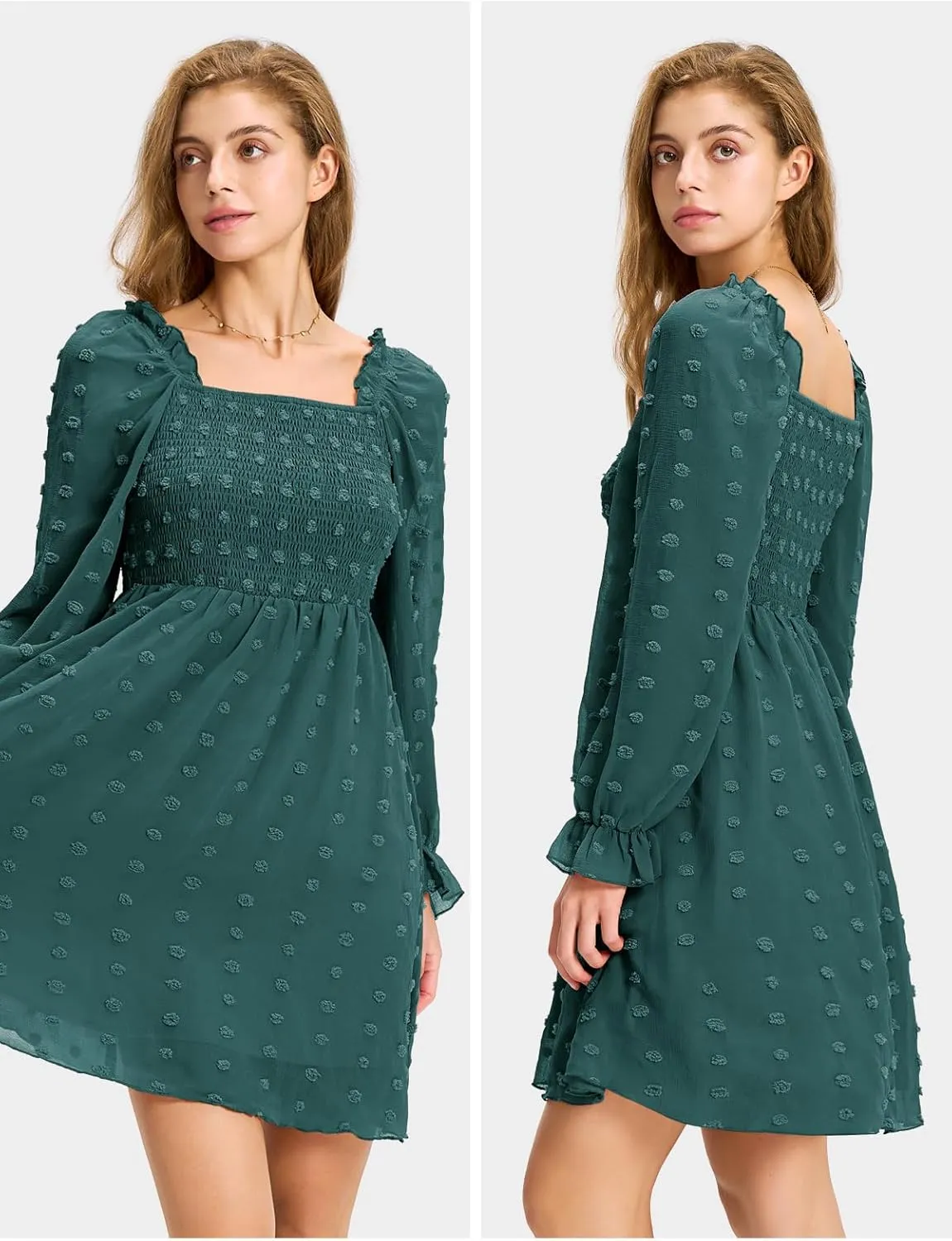 EXLURA Women's 2025 Summer Long Sleeve Party Swiss Dot Dress Smocked Ruffle Cocktail Mini Dresses
