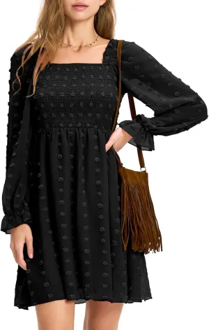 EXLURA Women's 2025 Summer Long Sleeve Party Swiss Dot Dress Smocked Ruffle Cocktail Mini Dresses