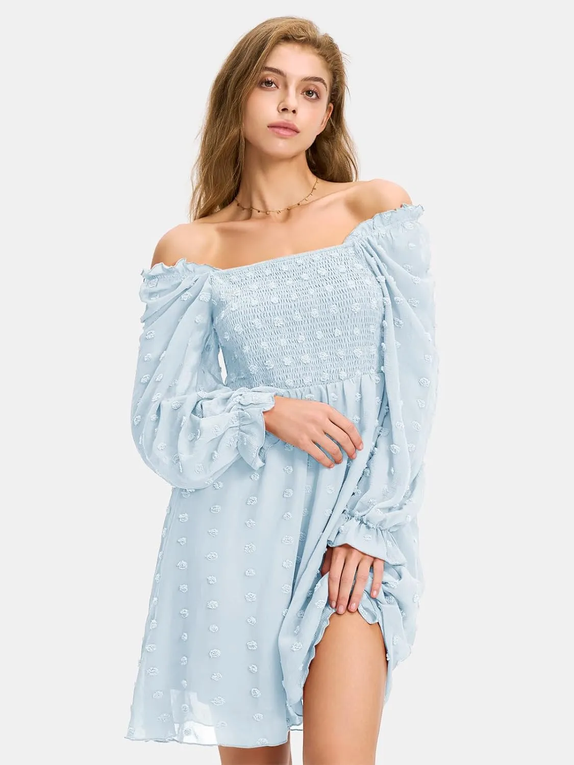 EXLURA Women's 2025 Summer Long Sleeve Party Swiss Dot Dress Smocked Ruffle Cocktail Mini Dresses