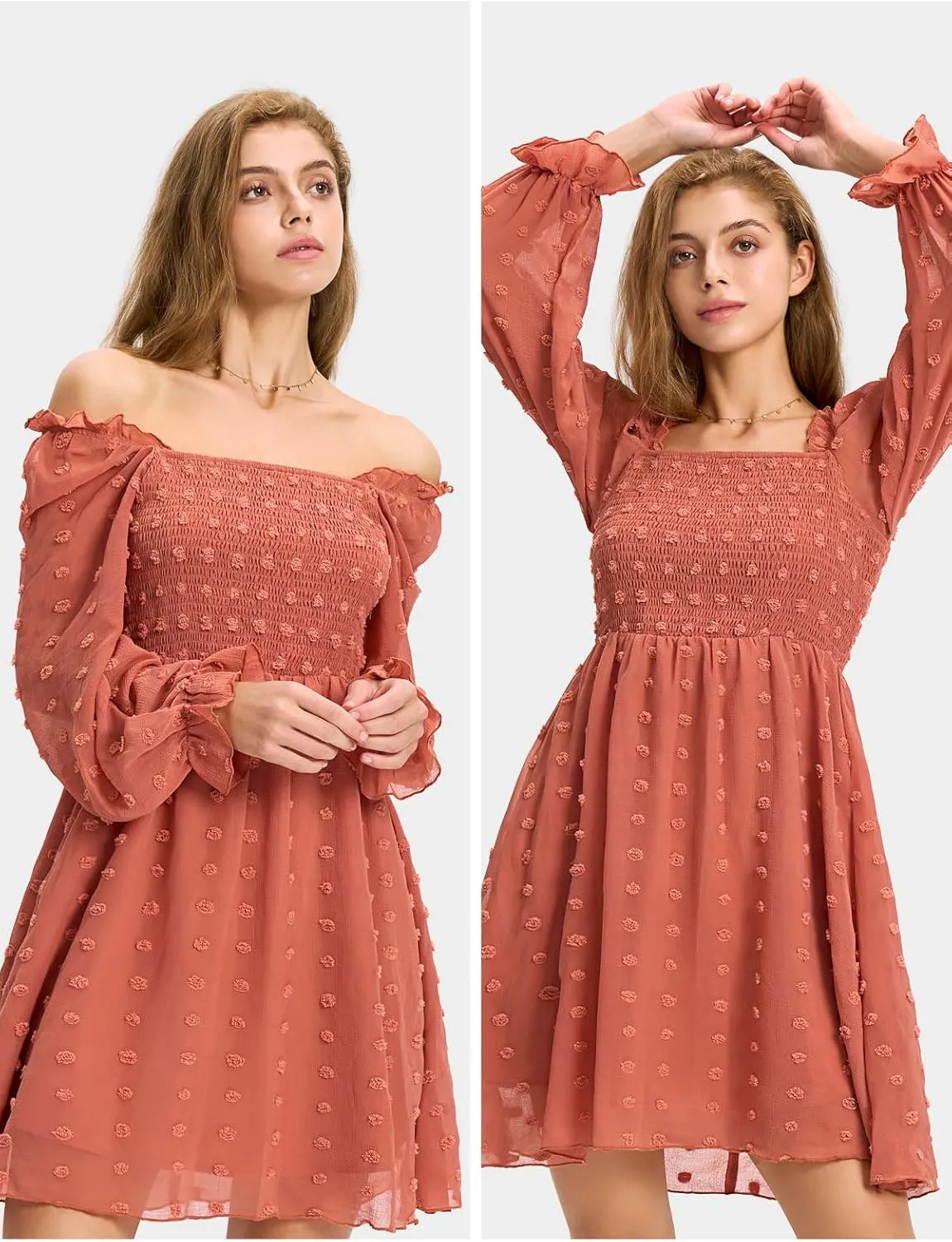 EXLURA Women's 2025 Summer Long Sleeve Party Swiss Dot Dress Smocked Ruffle Cocktail Mini Dresses