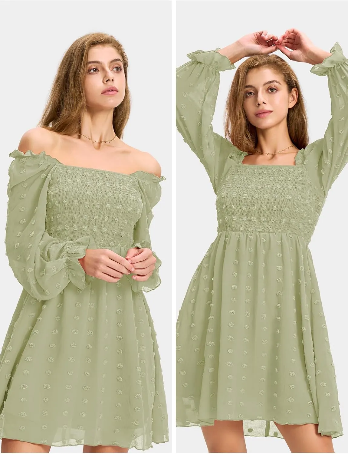 EXLURA Women's 2025 Summer Long Sleeve Party Swiss Dot Dress Smocked Ruffle Cocktail Mini Dresses