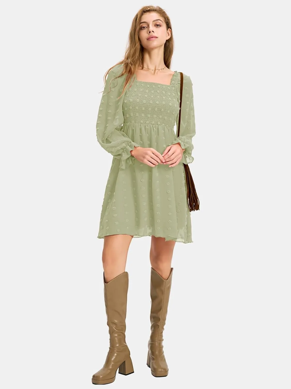 EXLURA Women's 2025 Summer Long Sleeve Party Swiss Dot Dress Smocked Ruffle Cocktail Mini Dresses