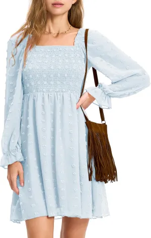 EXLURA Women's 2025 Summer Long Sleeve Party Swiss Dot Dress Smocked Ruffle Cocktail Mini Dresses