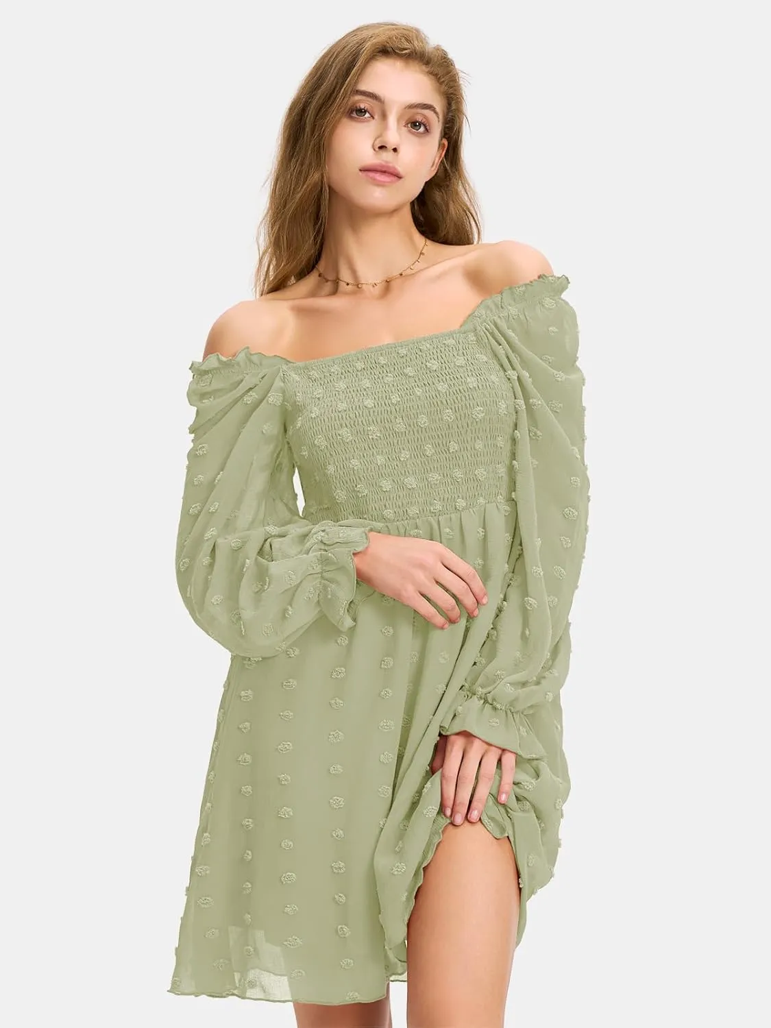 EXLURA Women's 2025 Summer Long Sleeve Party Swiss Dot Dress Smocked Ruffle Cocktail Mini Dresses