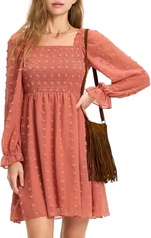 EXLURA Women's 2025 Summer Long Sleeve Party Swiss Dot Dress Smocked Ruffle Cocktail Mini Dresses
