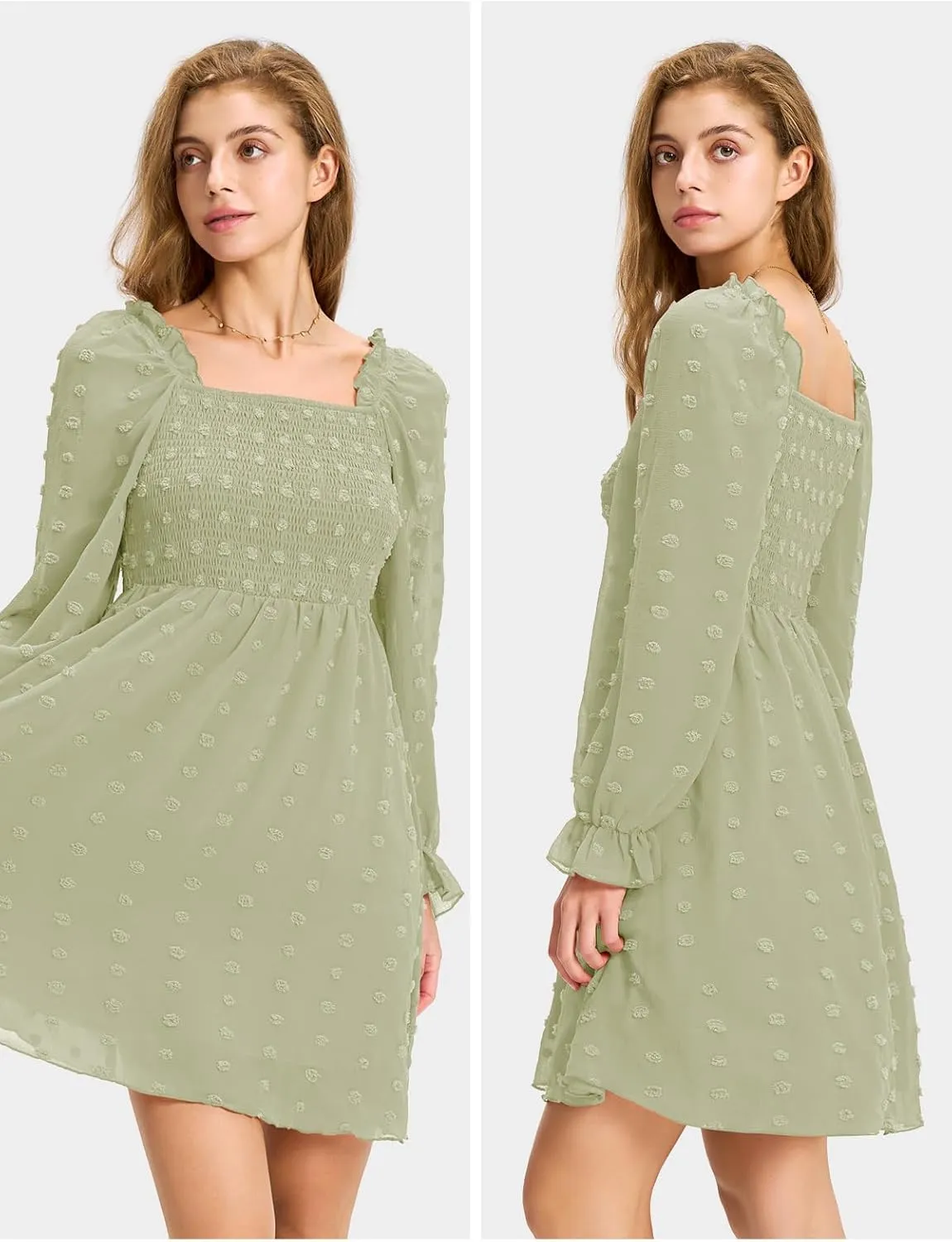 EXLURA Women's 2025 Summer Long Sleeve Party Swiss Dot Dress Smocked Ruffle Cocktail Mini Dresses