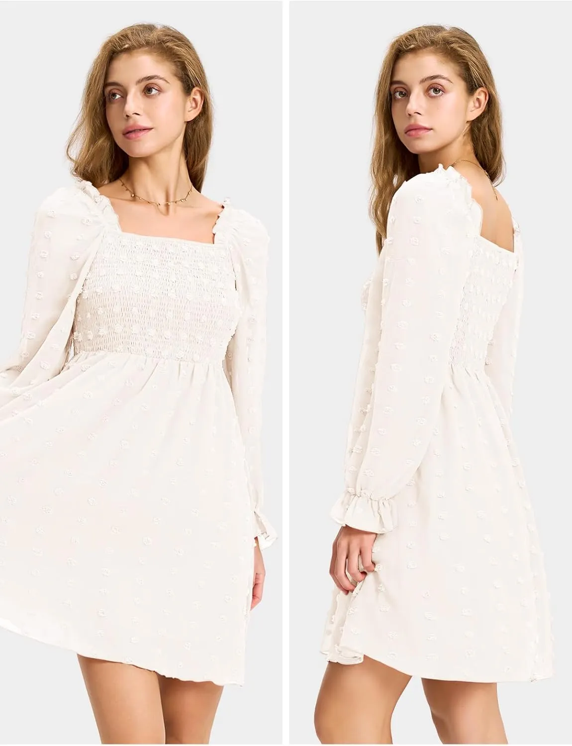 EXLURA Women's 2025 Summer Long Sleeve Party Swiss Dot Dress Smocked Ruffle Cocktail Mini Dresses
