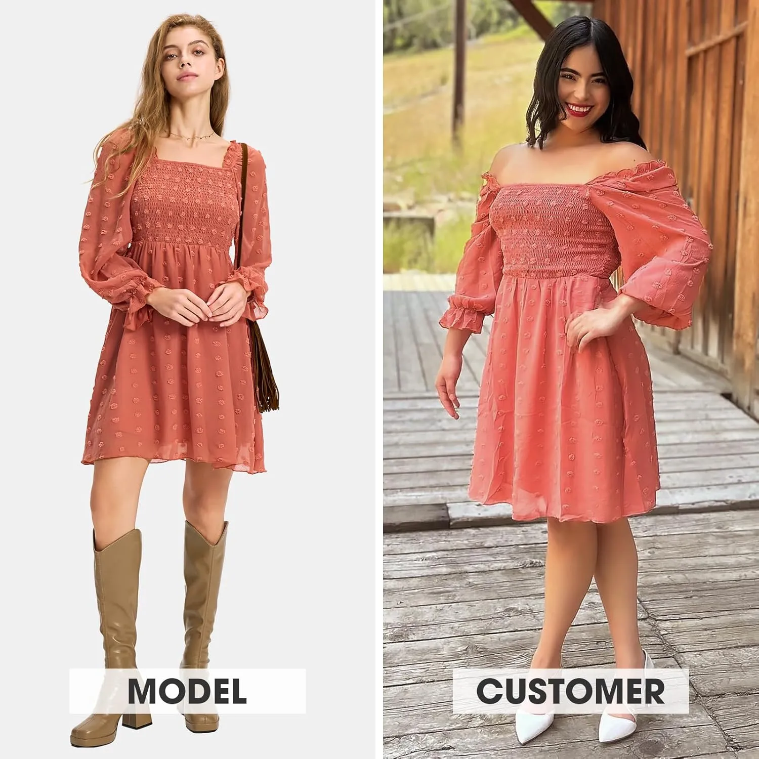 EXLURA Women's 2025 Summer Long Sleeve Party Swiss Dot Dress Smocked Ruffle Cocktail Mini Dresses