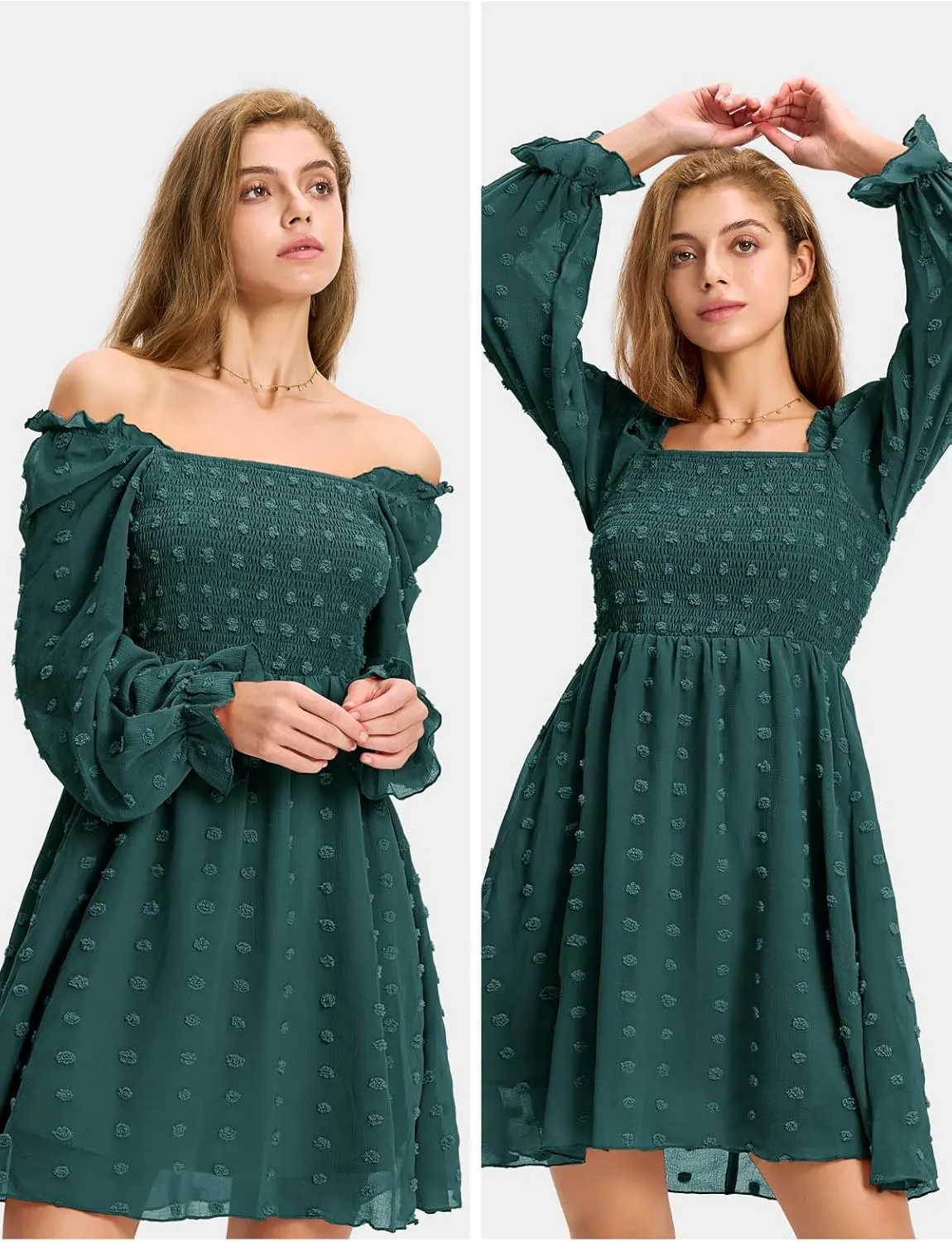 EXLURA Women's 2025 Summer Long Sleeve Party Swiss Dot Dress Smocked Ruffle Cocktail Mini Dresses