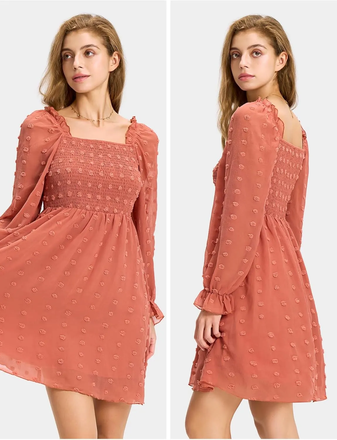 EXLURA Women's 2025 Summer Long Sleeve Party Swiss Dot Dress Smocked Ruffle Cocktail Mini Dresses