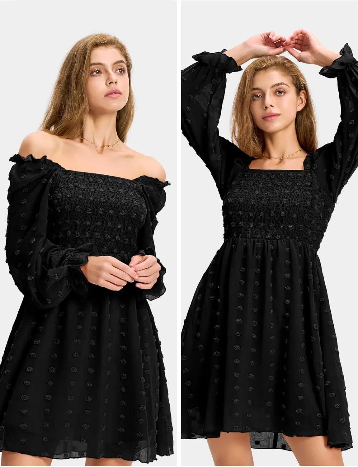 EXLURA Women's 2025 Summer Long Sleeve Party Swiss Dot Dress Smocked Ruffle Cocktail Mini Dresses