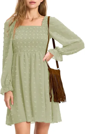 EXLURA Women's 2025 Summer Long Sleeve Party Swiss Dot Dress Smocked Ruffle Cocktail Mini Dresses