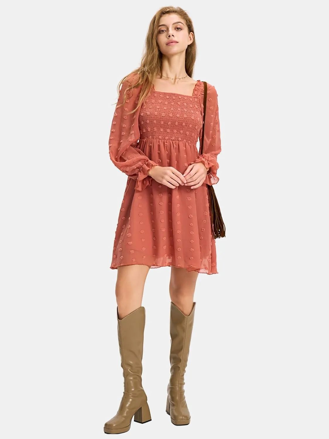 EXLURA Women's 2025 Summer Long Sleeve Party Swiss Dot Dress Smocked Ruffle Cocktail Mini Dresses