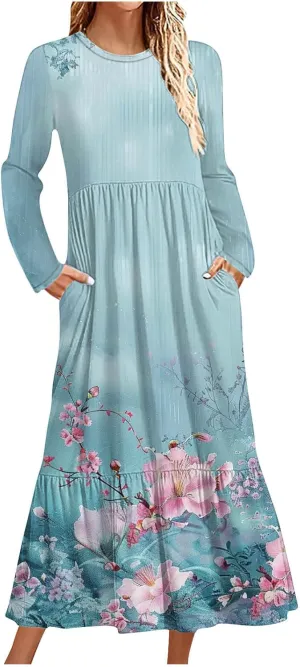 Fall Maxi Dresses for Women 2024 Plus Size Casual Long Sleeve Dresses Floral Boho Long Dress Wedding Guest Dress Women's Casual Dresses Navy S