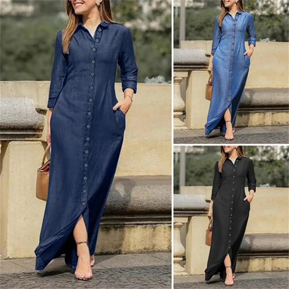 Fashion Womens Casual Long Sleeve Side Split Button Down Long Denim Dress Lapel Shirt Skirt for Cardigans - Dark Blue 2XL