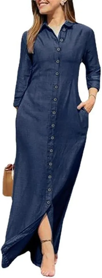 Fashion Womens Casual Long Sleeve Side Split Button Down Long Denim Dress Lapel Shirt Skirt for Cardigans - Dark Blue 2XL