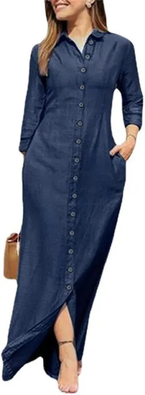 Fashion Womens Casual Long Sleeve Side Split Button Down Long Denim Dress Lapel Shirt Skirt for Cardigans - Dark Blue 2XL