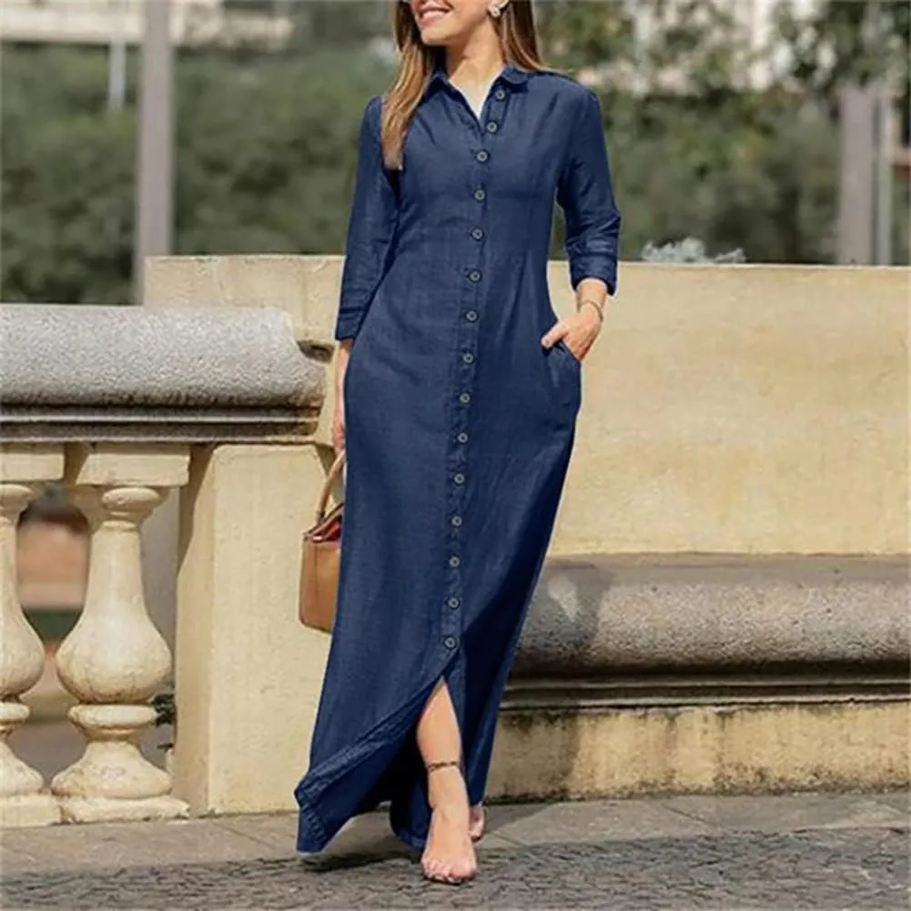 Fashion Womens Casual Long Sleeve Side Split Button Down Long Denim Dress Lapel Shirt Skirt for Cardigans - Dark Blue 2XL