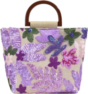 Floral Clutch Purses For Women, Bamboo Handle Small Summer Embroidery Sequin Evening Bag For Formal Party Wedding