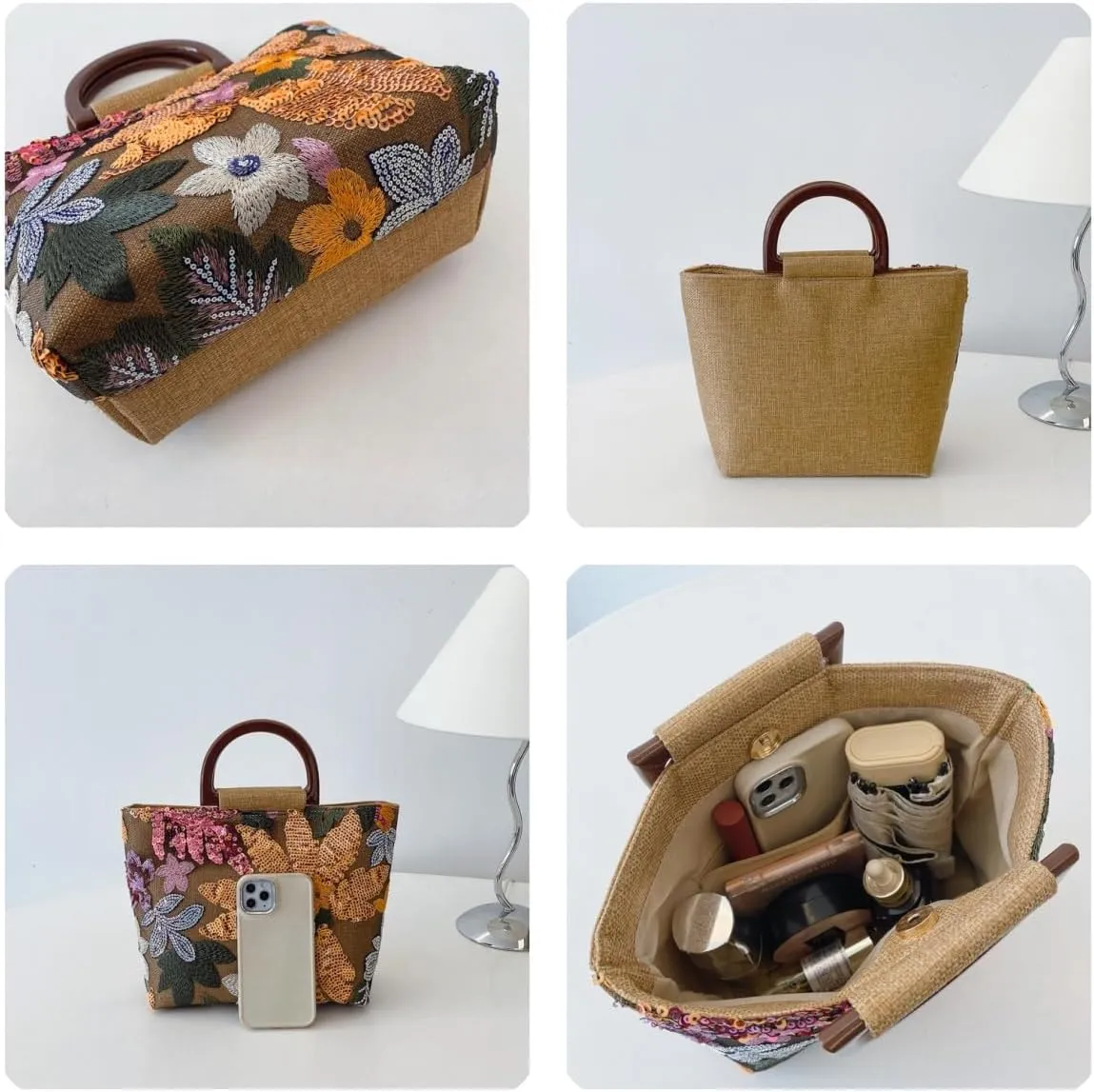 Floral Clutch Purses For Women, Bamboo Handle Small Summer Embroidery Sequin Evening Bag For Formal Party Wedding