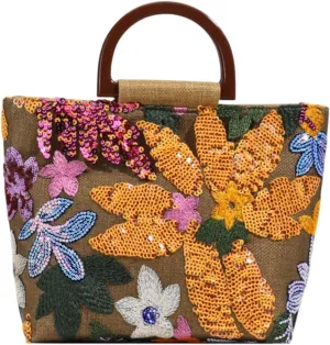 Floral Clutch Purses For Women, Bamboo Handle Small Summer Embroidery Sequin Evening Bag For Formal Party Wedding