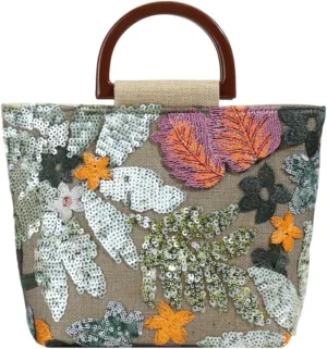 Floral Clutch Purses For Women, Bamboo Handle Small Summer Embroidery Sequin Evening Bag For Formal Party Wedding