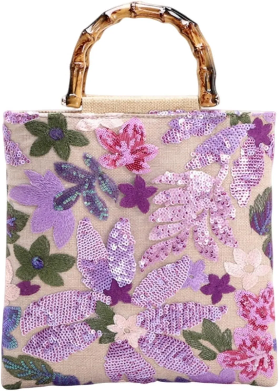 Floral Clutch Purses For Women,Bamboo Handle Small Summer Embroidery Sequin Evening Bag For Formal Party Wedding