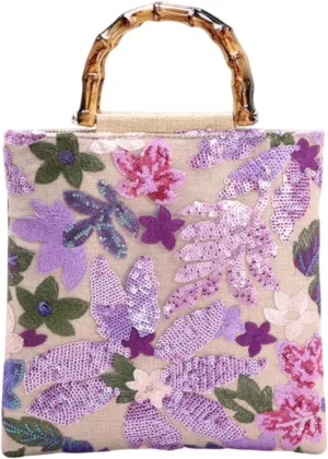Floral Clutch Purses For Women,Bamboo Handle Small Summer Embroidery Sequin Evening Bag For Formal Party Wedding