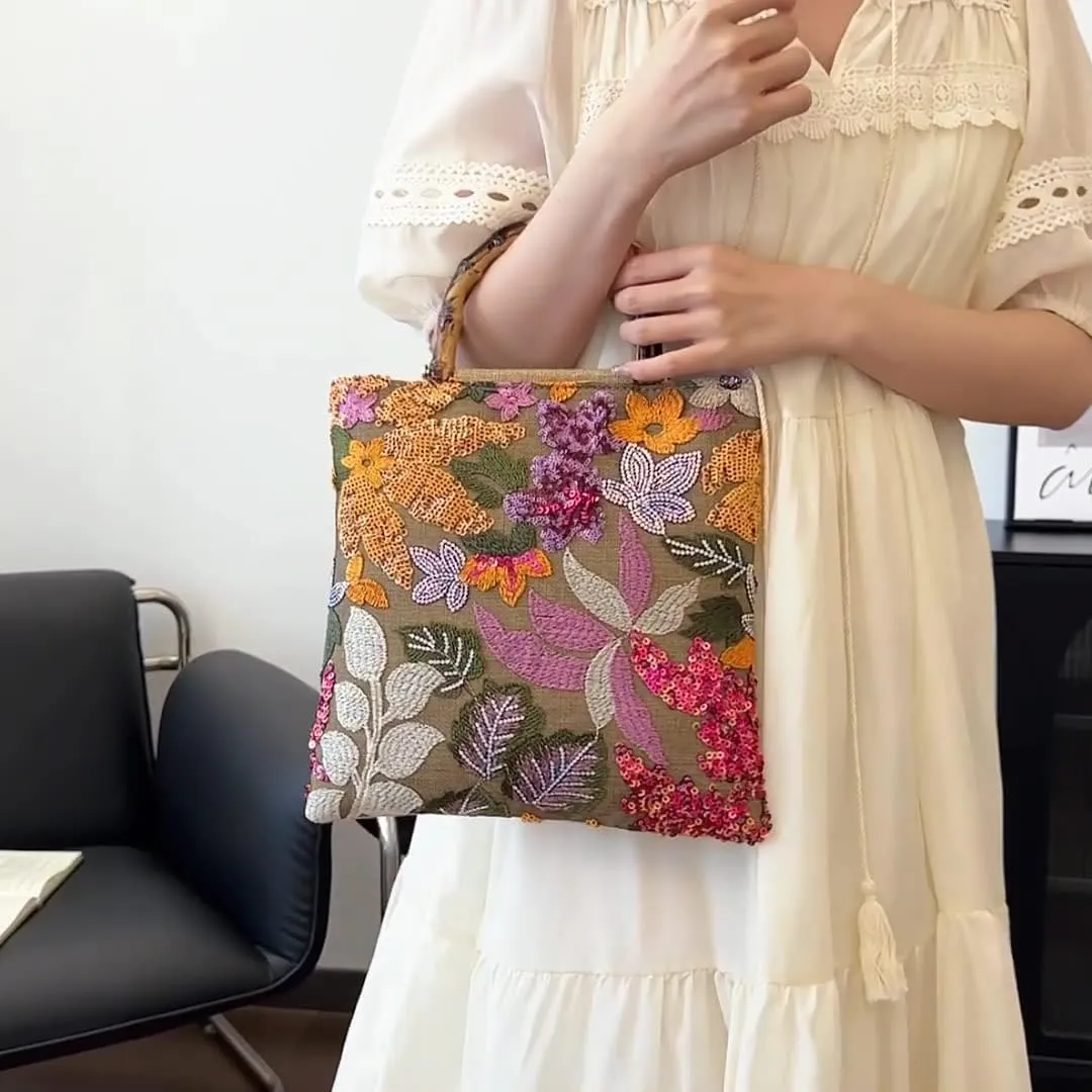 Floral Clutch Purses For Women,Bamboo Handle Small Summer Embroidery Sequin Evening Bag For Formal Party Wedding