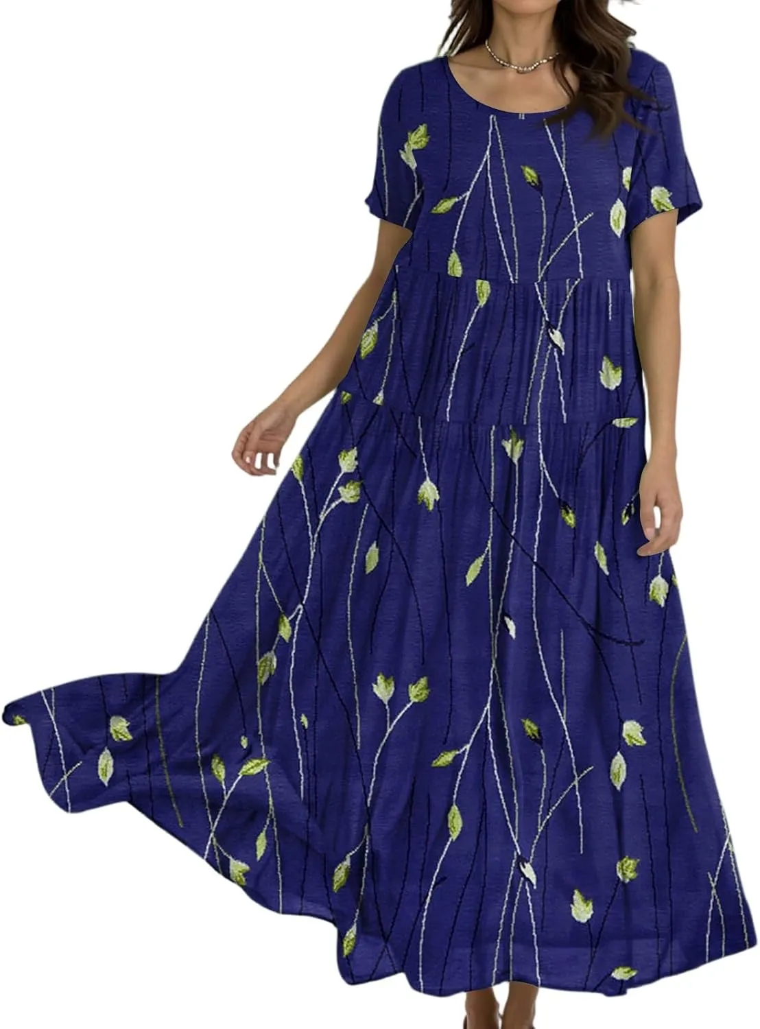 Floral Dress for Women Casual Loose Bohemian Tiered Swing Long Maxi Dresses Short Sleeve Summer Beach Sundress
