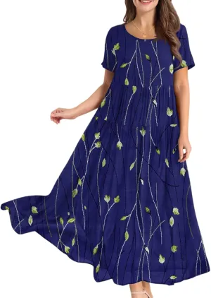 Floral Dress for Women Casual Loose Bohemian Tiered Swing Long Maxi Dresses Short Sleeve Summer Beach Sundress