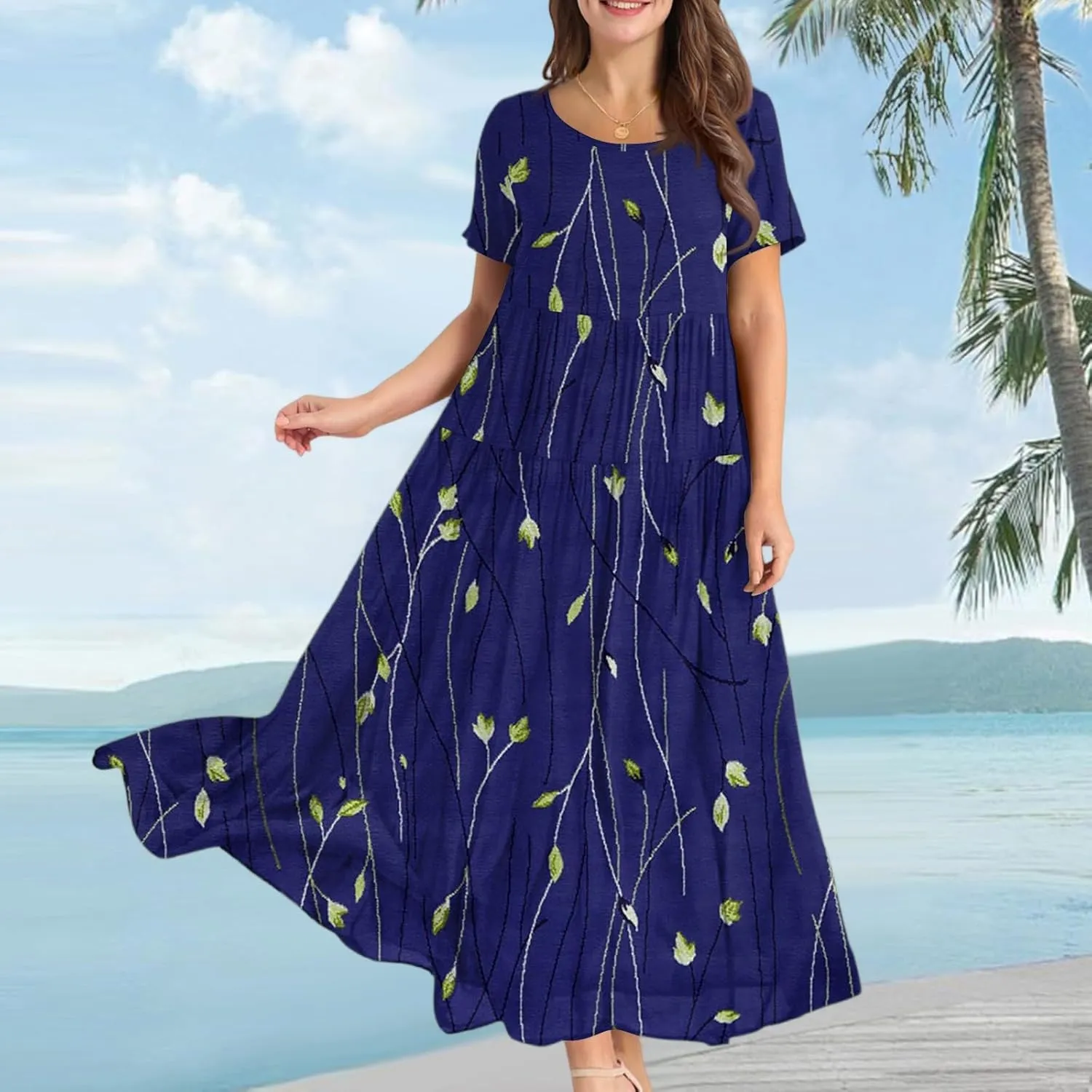Floral Dress for Women Casual Loose Bohemian Tiered Swing Long Maxi Dresses Short Sleeve Summer Beach Sundress