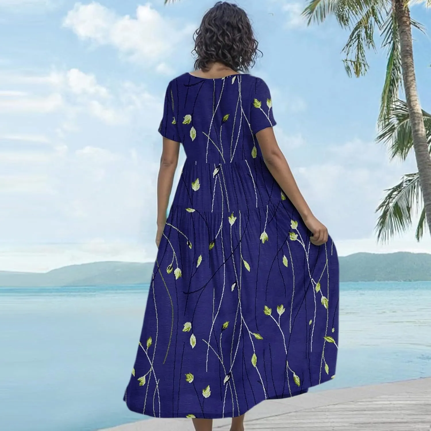 Floral Dress for Women Casual Loose Bohemian Tiered Swing Long Maxi Dresses Short Sleeve Summer Beach Sundress