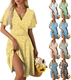 Floral Dress for Women Casual Summer V Neck Short Sleeve Knee Length Wrap Dress Cute Sundresses for Beach Vacation