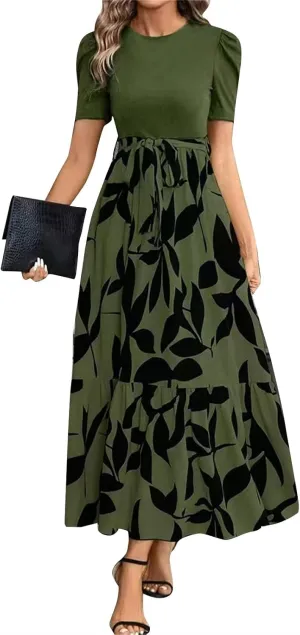 Floral Maxi Dresses for Women Elegant Patchwork Short Sleeve Tie Waist Wrap Dress Boho Summer Casual Teacher Dresses